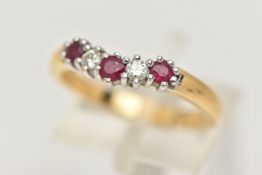 AN 18CT GOLD RUBY AND DIAMOND WISHBONE RING, set with three circular cut rubies, interspaced with
