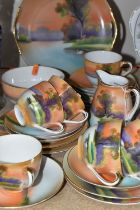 A MID-CENTURY JAPANESE NORITAKE TEA SET, hand painted decoration of a dusk lakeland scene,