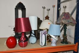 A GROUP OF LAMPS AND VASES, to include a Mackintosh inspired leaded glass vase(cracked/hole in