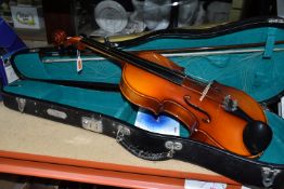 A CASED VIOLIN AND AN EMPTY PAINTED VIOLIN CASE, comprising a cased Pro Musica Holt violin, paper