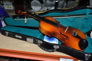 A CASED VIOLIN AND AN EMPTY PAINTED VIOLIN CASE, comprising a cased Pro Musica Holt violin, paper