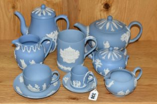 A COLLECTION OF WEDGWOOD JASPERWARE TEA WARE, eleven pale blue pieces, comprising a teapot and