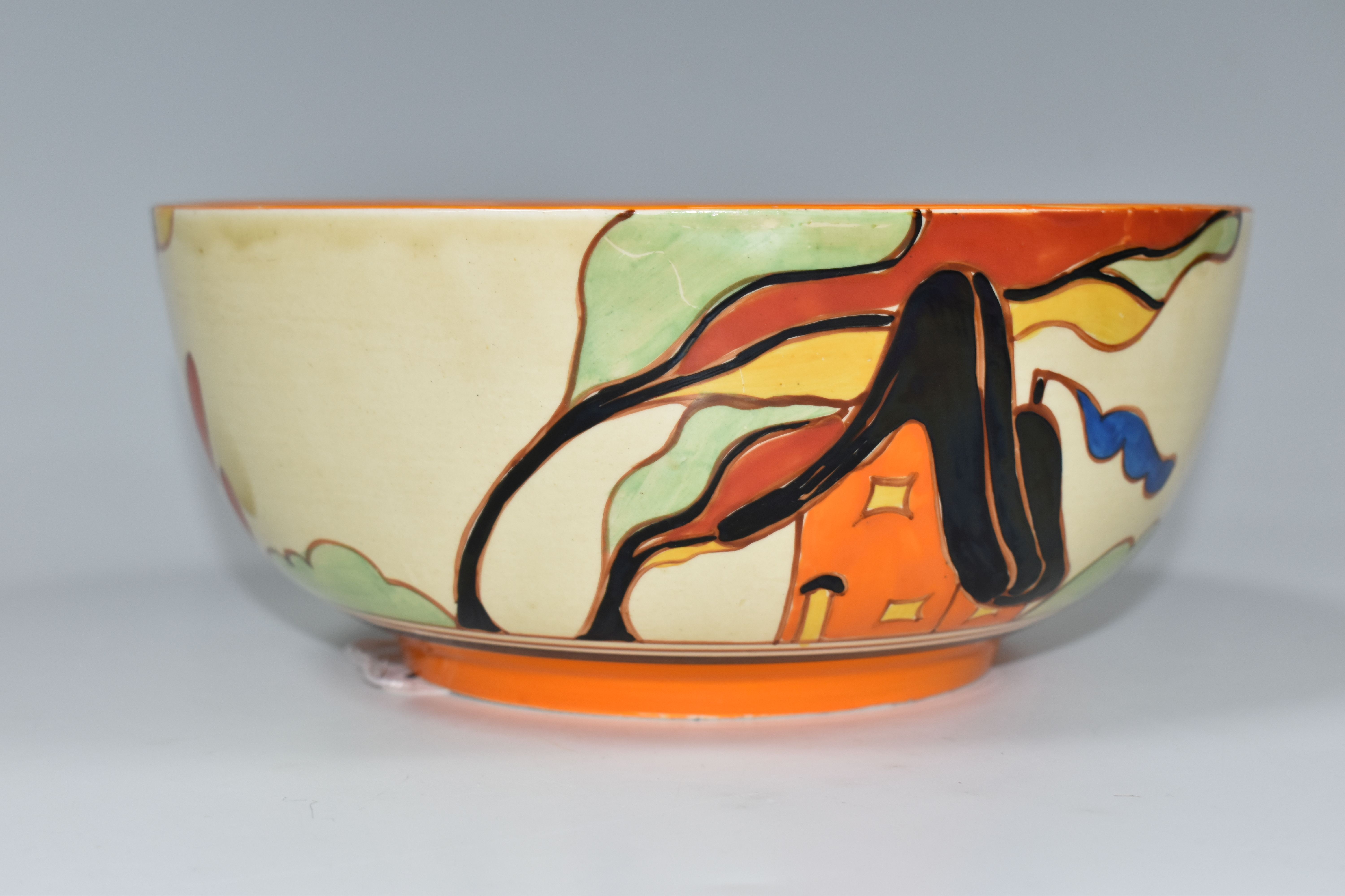 A CLARICE CLIFF FANTASQUE 'ORANGE HOUSE' PATTERN BOWL, painted with two orange houses in a fantasy - Image 3 of 5