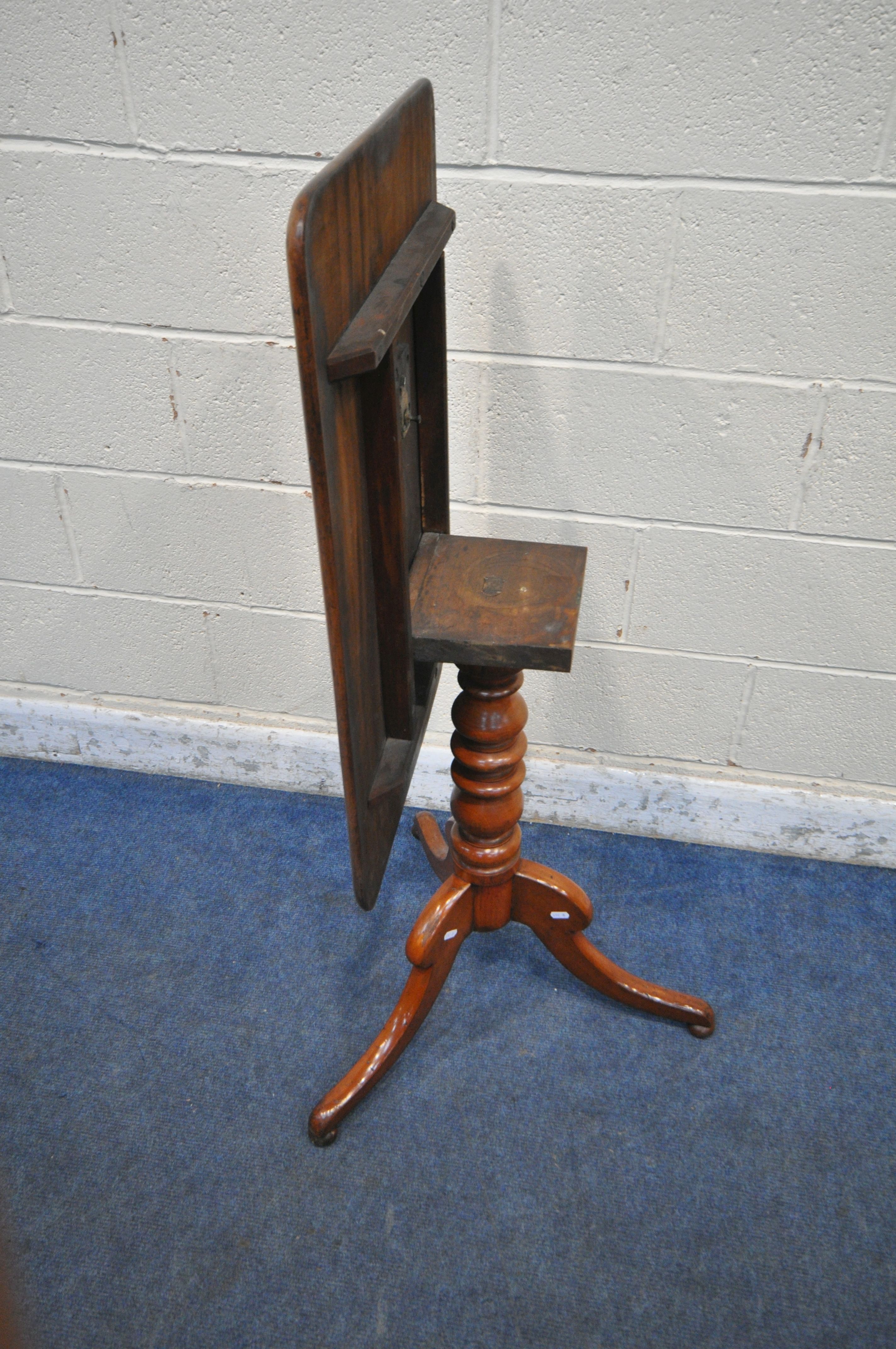A VICTORIAN MAHOGANY TILT TOP TRIPOD TABLE, raised on a turned support and three shaped legs, - Image 3 of 4