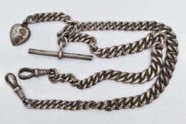 A SILVER ALBERT CHAIN, a graduated silver curb link chain fitted with two lobster clasps and a T-
