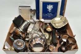 A BOX OF ASSORTED WHITE METAL WARE, to include a three piece EPBM tea set comprising of a teapot,