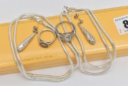 ASSORTED WHITE METAL JEWELLERY, to include two snake chains, both fitted with tags stamped 925,