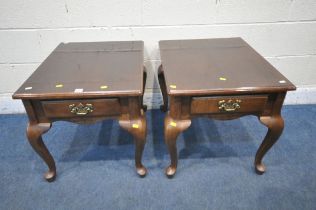 A PAIR OF REPRODUCTION MAHOGANY SIDE TABLE, with a single drawer, on cabriole legs, width 56cm x