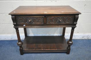 A REPRODUCTION OAK SIDE TABLE, with two drawers, on turned bulbous legs, united by an undershelf,