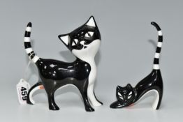 TWO CMIELOW FIGURES OF BLACK AND WHITE CATS, the largest a standing cat with head tilted, model no
