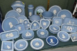 A GROUP OF WEDGWOOD JASPERWARE GIFT WARE, over forty pieces in mostly pale blue, to include a mantel