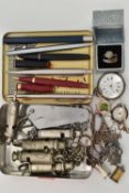 ASSORTED ITEMS, to include a white metal, key wound, open face pocket watch, stamped 0.800 Swiss