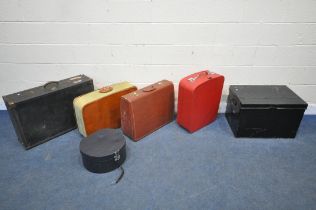 FOUR VARIOUS SUITCASES/TRUNKS, of various styles and sizes, along with a hat box and a large deed