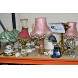 A GROUP OF TABLE LAMPS, ten assorted lamps and a small crystal bag chandelier (missing chain and