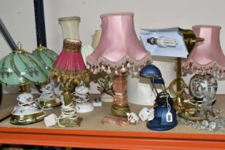 A GROUP OF TABLE LAMPS, ten assorted lamps and a small crystal bag chandelier (missing chain and