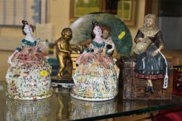 TWO 19TH CENTURY STAFFORDSHIRE LADIES BOUDOIR POTS, crinoline ladies with pots underneath the