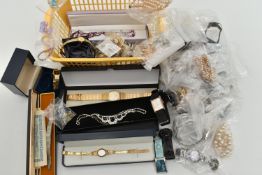A BOX OF ASSORTED LADIES WRISTWATCHES AND COSTUME JEWELLERY, to include various mostly quartz