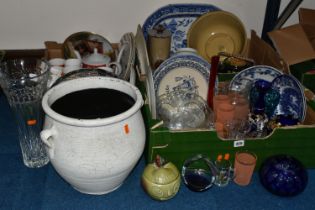 THREE BOXES OF CERAMICS AND GLASSWARE, to include two hand painted Bohemian glass vases, a mid-