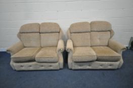 A PAIR OF G PLAN BROWN UPHOLSTERED TWO SEATER SOFAS, length 134cm x depth 97cm x height 100cm (