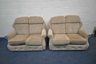 A PAIR OF G PLAN BROWN UPHOLSTERED TWO SEATER SOFAS, length 134cm x depth 97cm x height 100cm (