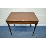 AN EDWARDIAN MAHOGANY RECTANGULAR CENTRE TABLE, on cylindrical tapered legs, width 92cm x depth 61cm