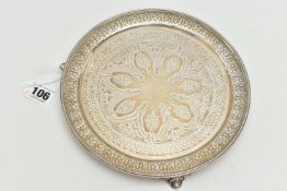 A LATE VICTORIAN SILVER SALVER, circular form, gadrooned border with engraved floral and foliage