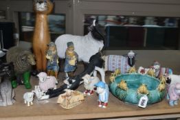 A SMALL COLLECTION OF DECORATIVE ORNAMENTS, to include a Hotant sculpture of a sheep 26cm high,