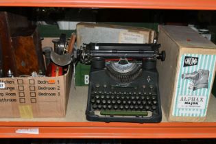 TWO BOXES AND LOOSE TYPEWRITER, SCALES, BELL AND SUNDRY ITEMS, to include a Bar-Lock Model 22