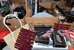 FIVE BOXES OF MISCELLANEOUS SUNDRIES, to include a Clairol 1200 hairdryer, ornaments, wall clocks,