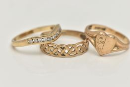 THREE 9CT GOLD RINGS, the first a heart shape signet ring, hallmarked 9ct Birmingham, ring size J