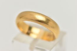 A 22CT GOLD BAND RING, polished wide band, approximate band width 4.8mm, hallmarked 22ct London,