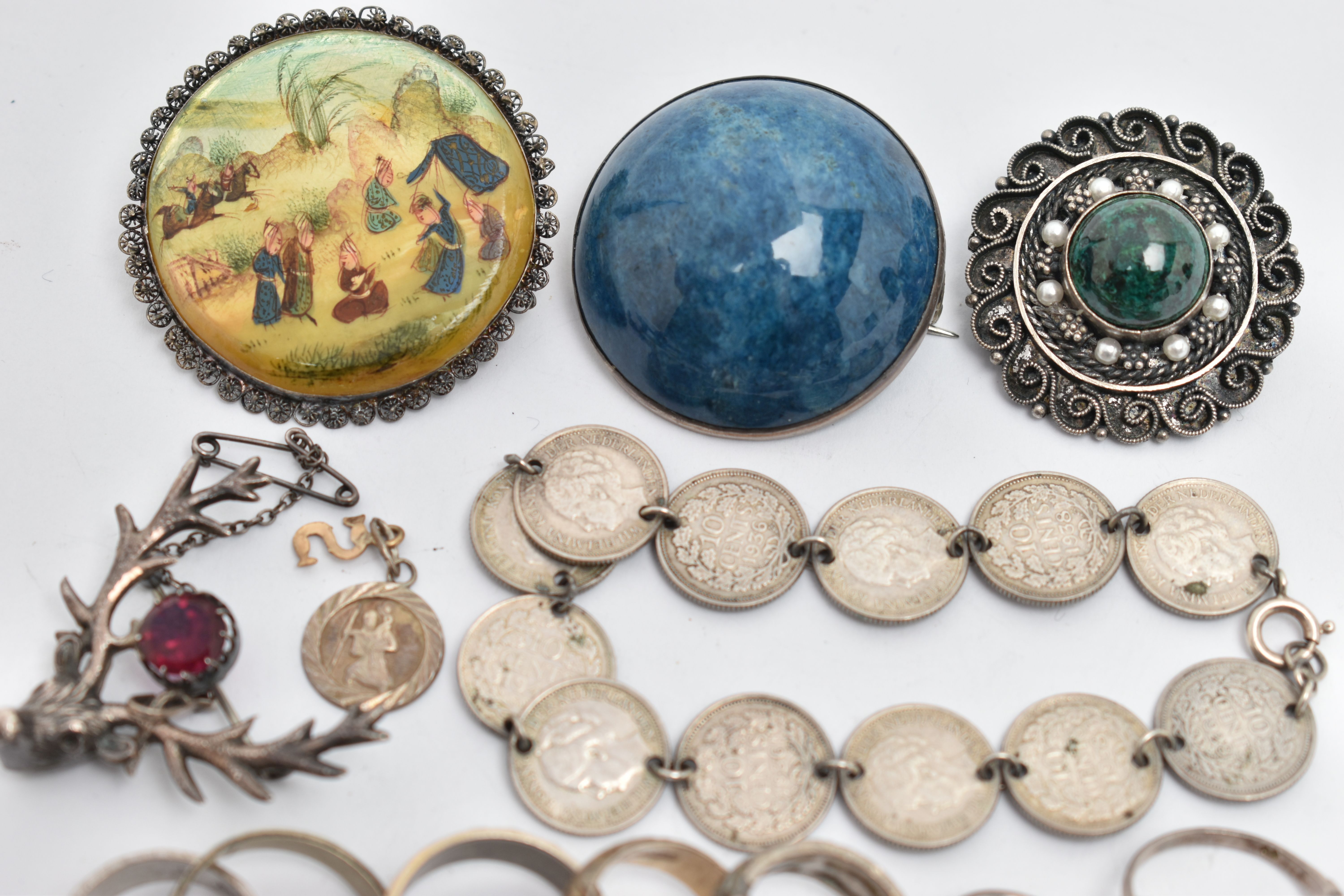A BAG OF ASSORTED JEWELLERY, to include a large blue cabochon stone brooch, mounted in a white metal - Image 2 of 4
