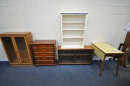 A 20TH CENTURY FORMICA TOP DROP LEAF TABLE, with a single drawer, a mid-century teak bookcase,