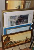 FIVE DECORATIVE PAINTINGS AND PRINTS, comprising two John Coy coastal landscape oil on board