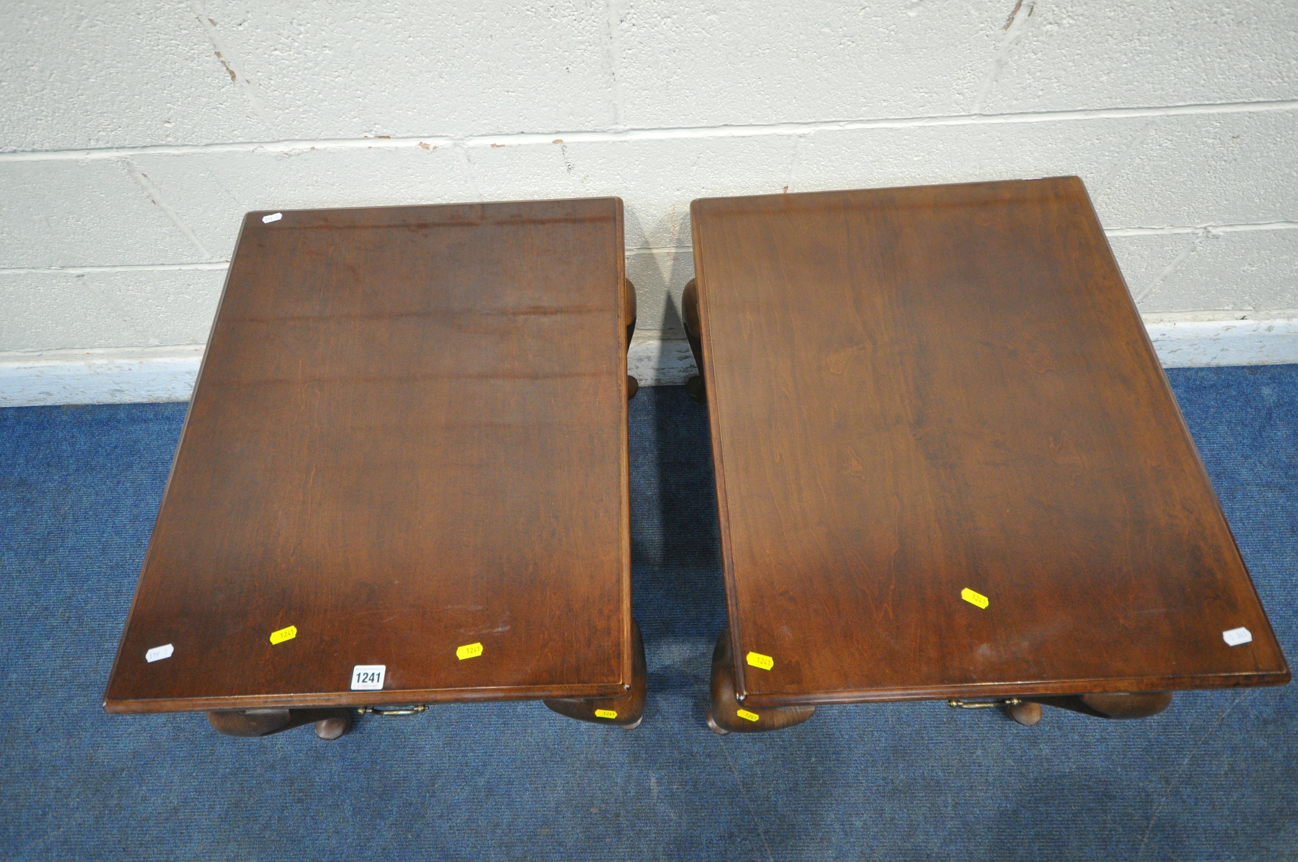 A PAIR OF REPRODUCTION MAHOGANY SIDE TABLE, with a single drawer, on cabriole legs, width 56cm x - Image 2 of 3