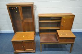 A SELECTION OF MID CENTURY TEAK FURNITURE, to include a double glazed bookcase length 84cm x depth