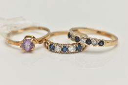 THREE 9CT GOLD GEM SET RINGS, the first a sapphire and diamond half eternity ring, set with four