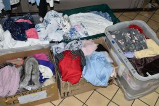 FIVE BOXES OF WOMEN'S CLOTHING, to include skirts, tops, blouse, scarves, hats, cardigans and