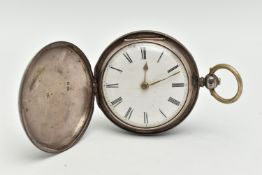 A SILVER, MID VICTORIAN FULL HUNTER POCKET WATCH, key wound movement, white dial, unsigned, Roman