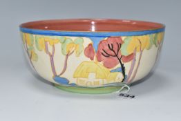 A CLARICE CLIFF FANTASQUE 'TROPIC' PATTERN BOWL, painted with a stylised tropical landscape of