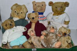 ONE BOX VINTAGE TEDDY BEARS AND A MONKEY, to include seven well-loved teddy bears and a small
