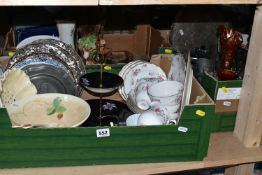 THREE BOXES OF TEAWARES, GLASS AND ORNAMENTS ETC, to include Melba rose pattern part tea set, Minton