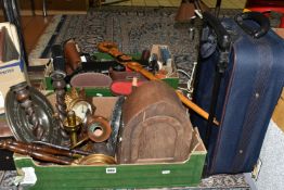 TWO BOXES OF METALWARE AND SUNDRIES, to include a small Smiths sunburst wall clock, two wooden cased