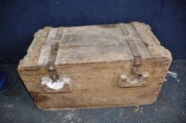 A VINTAGE WOODEN TOOL CHEST with iron banding and hinges width 67cm depth 36cm height 36cm