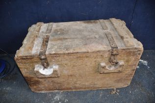 A VINTAGE WOODEN TOOL CHEST with iron banding and hinges width 67cm depth 36cm height 36cm