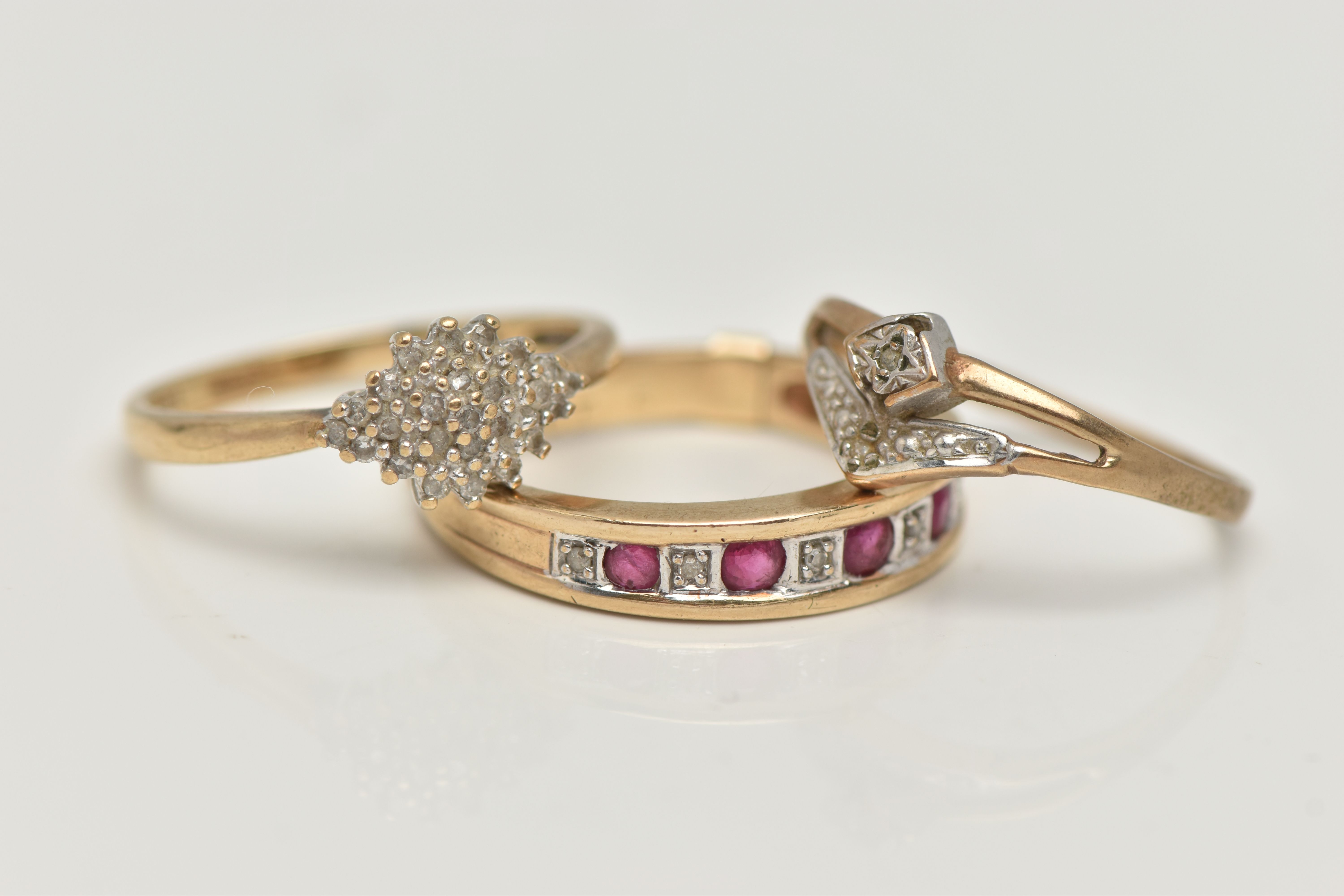 THREE 9CT GOLD RINGS, the first a ruby and small single cut diamond half eternity ring, hallmarked - Image 2 of 4