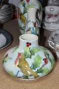 THREE OLD TUPTON WARE VASES, two tube lined with robins in holly, another with a kingfisher,