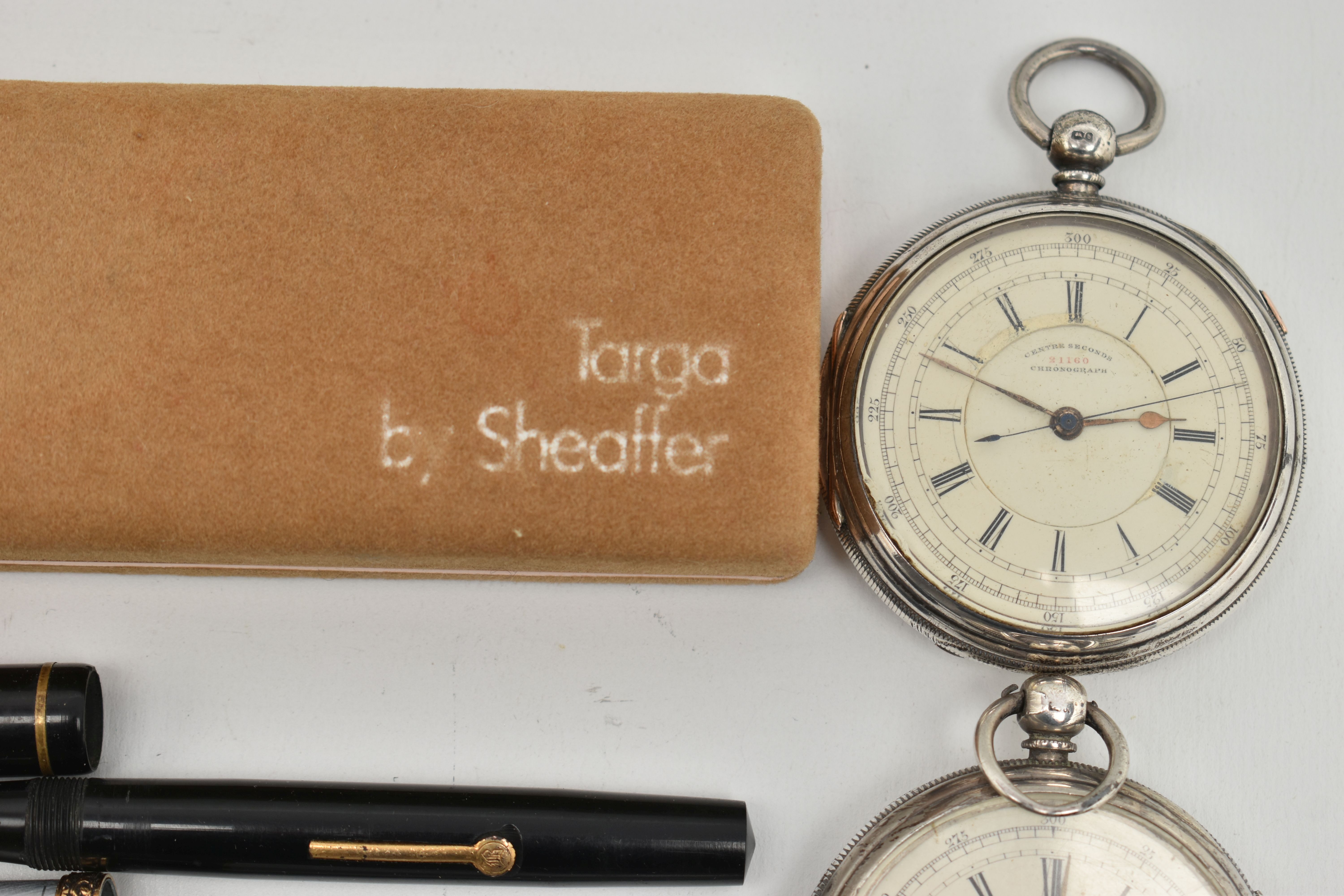 THREE POCKET WATCHES AND ASSORTED PENS, to include a silver, open face pocket watch, key wound, - Image 4 of 4