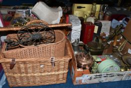 FOUR BOXES OF METALWARE AND SUNDRY ITEMS, to include a copper and brass kettle with burner stand,