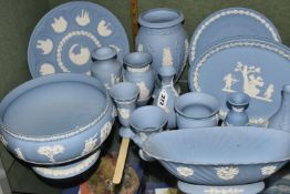 A COLLECTION OF WEDGWOOD JASPERWARE GIFT WARE, fourteen pale blue pieces including vases - tallest